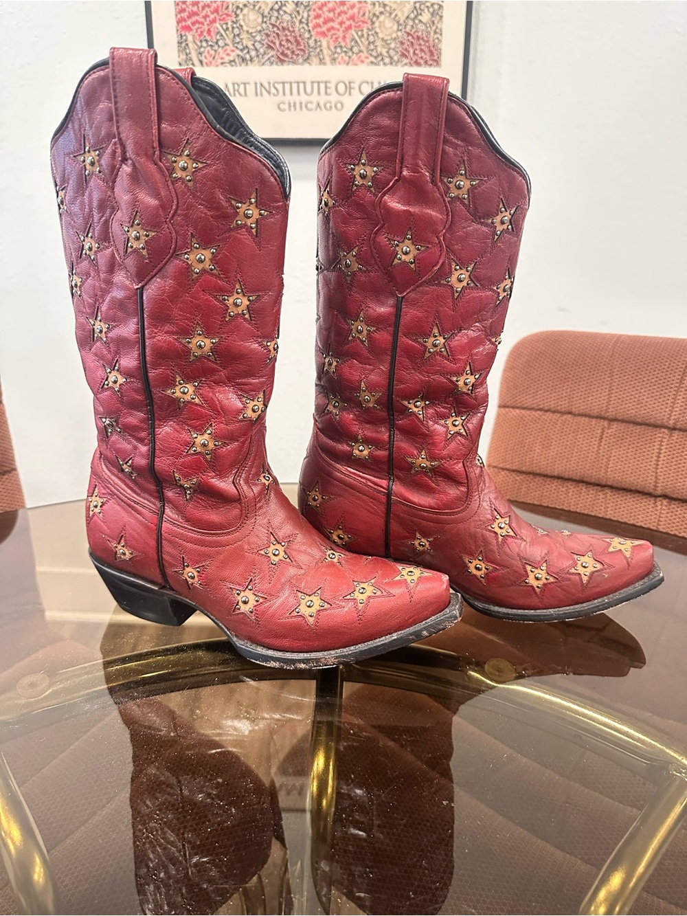 Red Star-Studded Leather Cowboy Boots - Women - Picture 3 of 6
